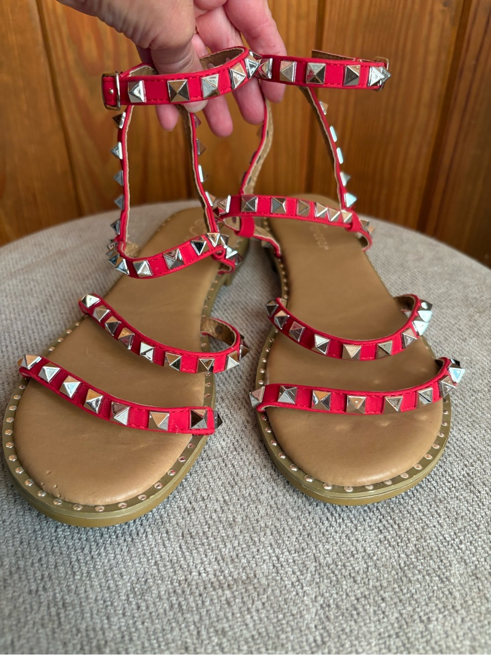 Studded Red Strappy Women's Sandals size 7.5 - Picture 2 of 3